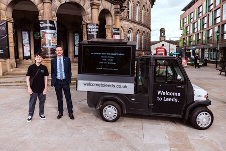 Welcome Host Alex Henderson and LeedsBID Chief Executive Andrew Cooper with the new Welcome to Leeds digital media vehicle.