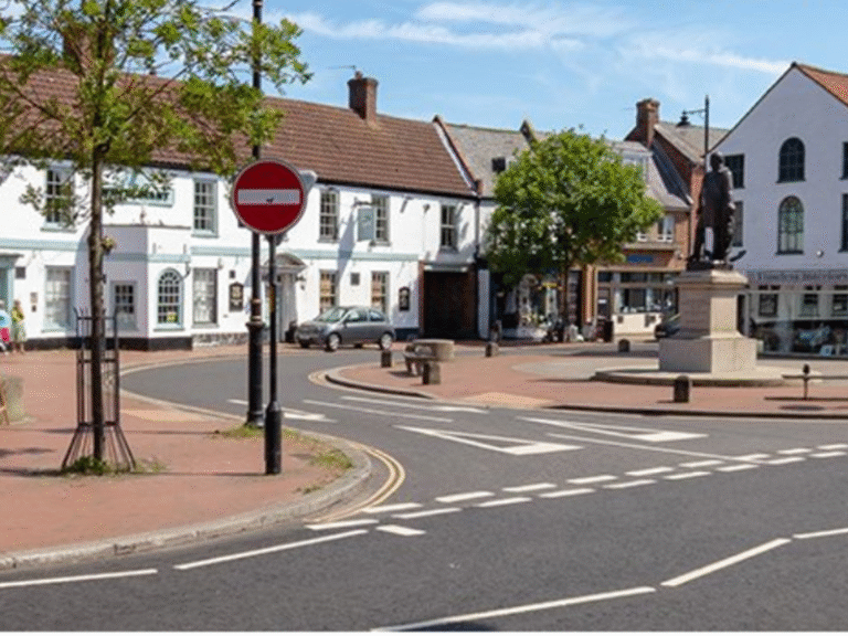 A photo of a sunny street intersection
